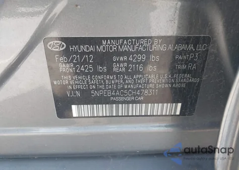 2012 Hyundai Sonata Gls from USA, damaged, VIN 5NPEB4AC5CH478311
